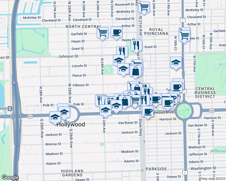 map of restaurants, bars, coffee shops, grocery stores, and more near 2238 Fillmore Street in Hollywood