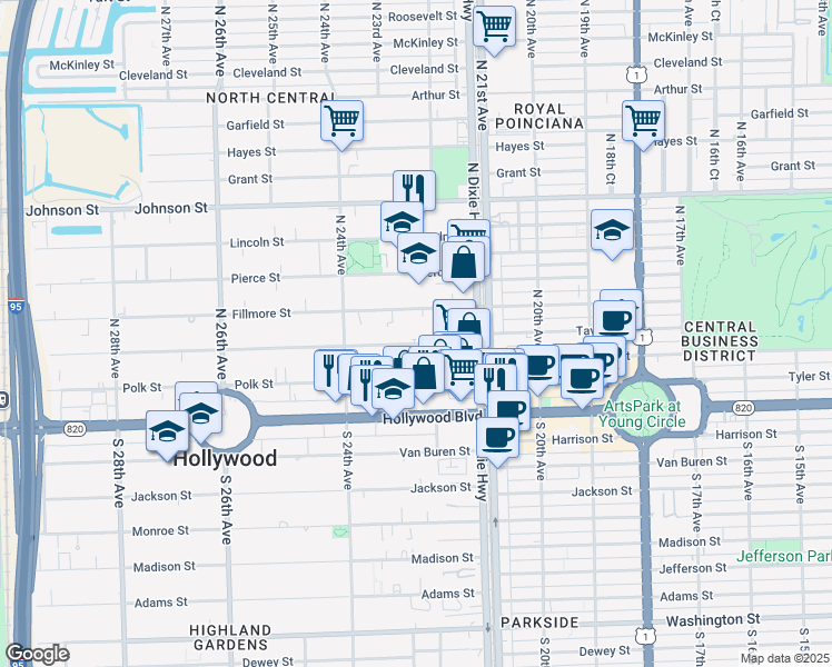 map of restaurants, bars, coffee shops, grocery stores, and more near 2223 Taylor Street in Hollywood