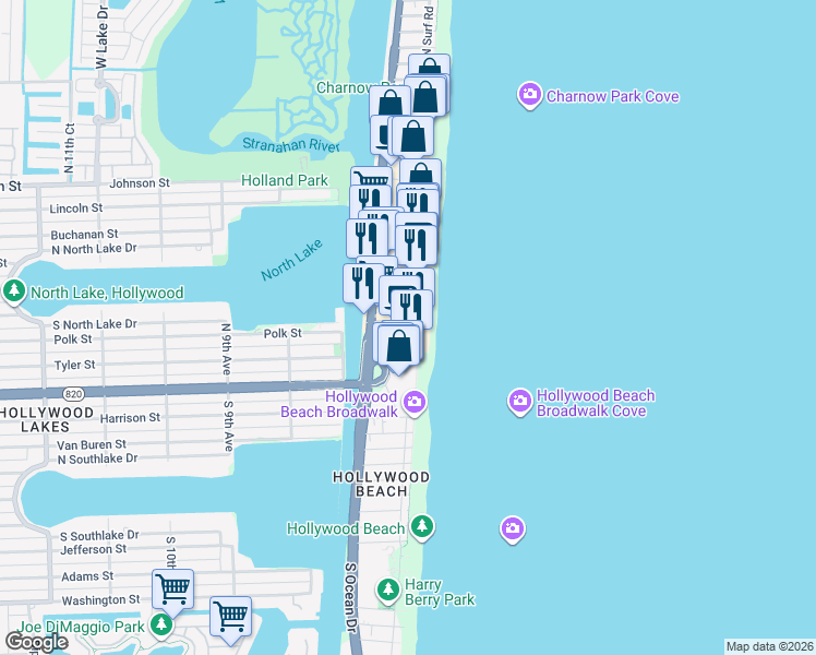 map of restaurants, bars, coffee shops, grocery stores, and more near 321 Arizona Street in Hollywood