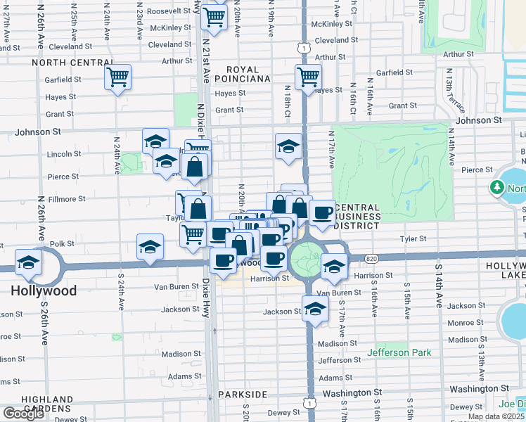 map of restaurants, bars, coffee shops, grocery stores, and more near 1947 Taylor Street in Hollywood