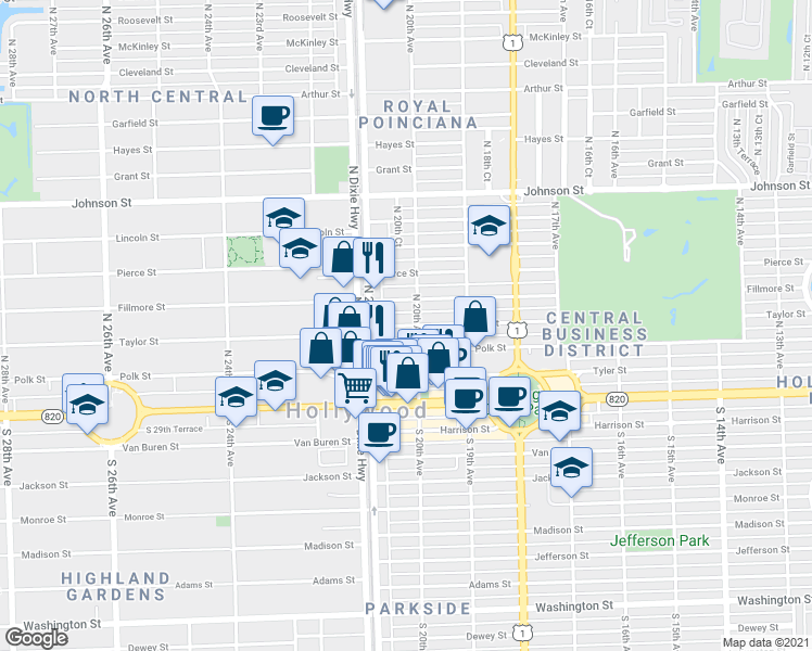 map of restaurants, bars, coffee shops, grocery stores, and more near 2029 Taylor Street in Hollywood