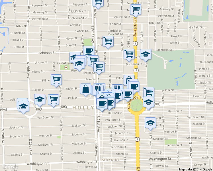 map of restaurants, bars, coffee shops, grocery stores, and more near 2029 Taylor Street in Hollywood