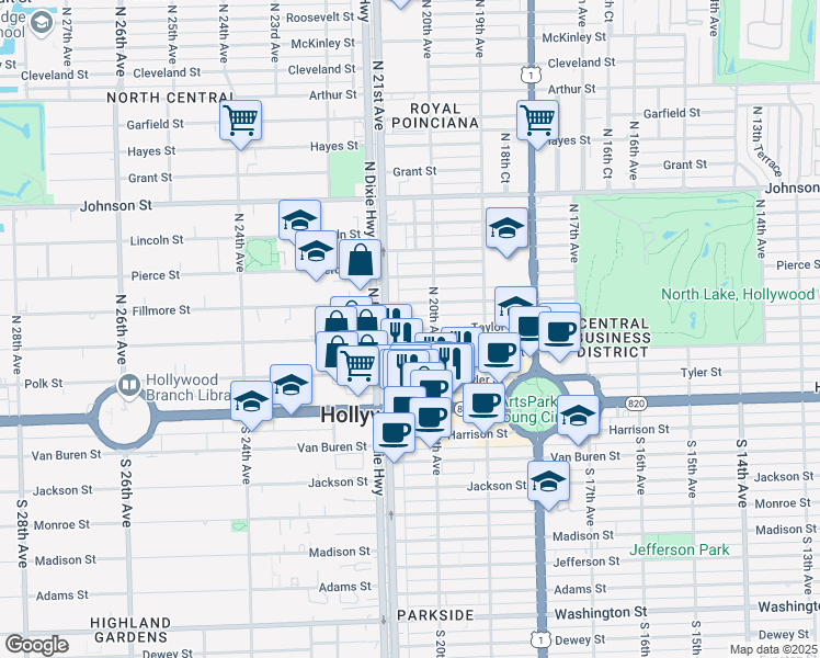 map of restaurants, bars, coffee shops, grocery stores, and more near 2029 Taylor Street in Hollywood