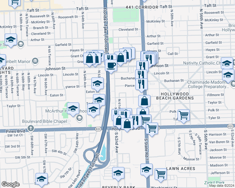 map of restaurants, bars, coffee shops, grocery stores, and more near 6131 Eaton Street in Hollywood