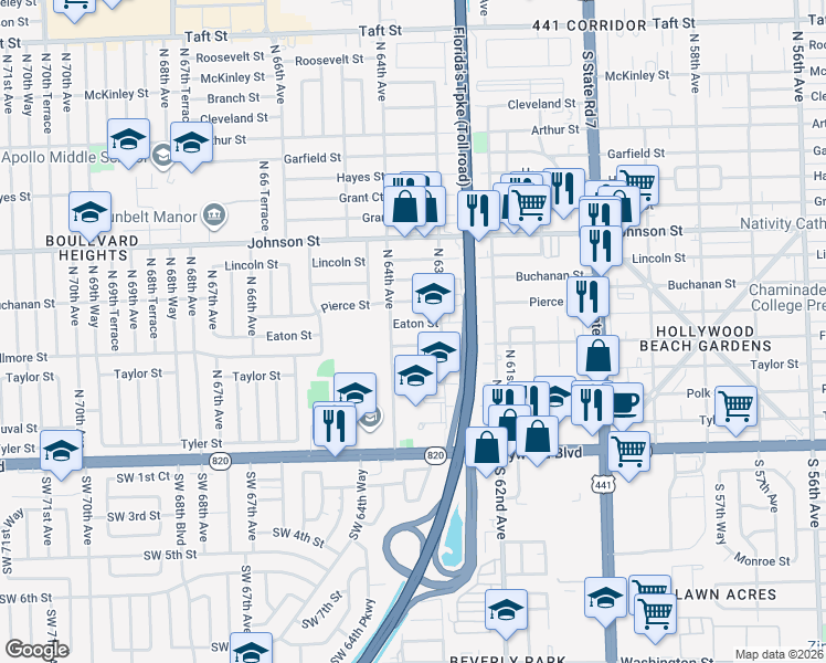 map of restaurants, bars, coffee shops, grocery stores, and more near 6331 Eaton Street in Hollywood