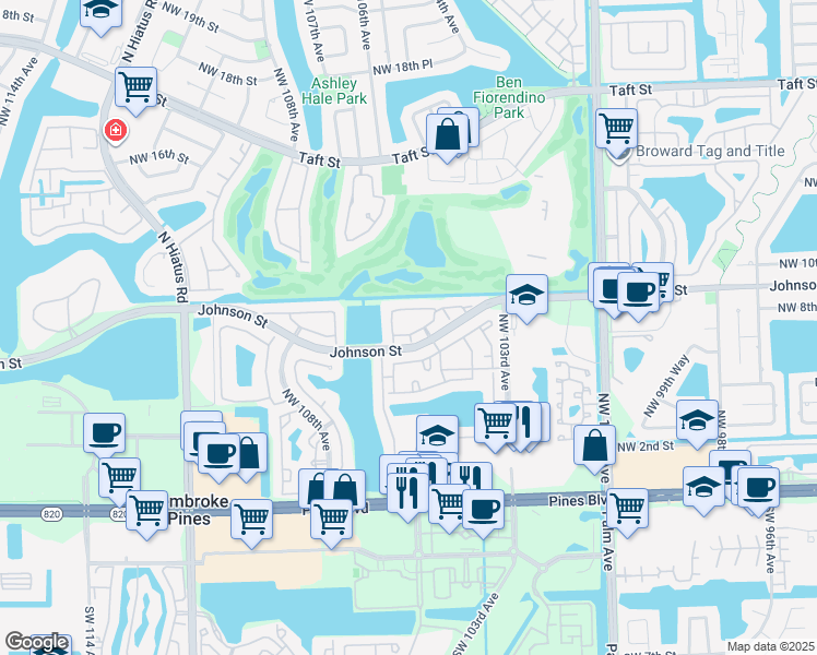 map of restaurants, bars, coffee shops, grocery stores, and more near 10549 Northwest 10th Street in Pembroke Pines