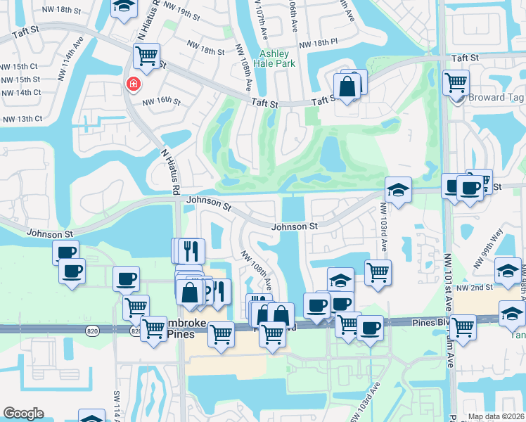 map of restaurants, bars, coffee shops, grocery stores, and more near 1038 Northwest 107th Avenue in Pembroke Pines