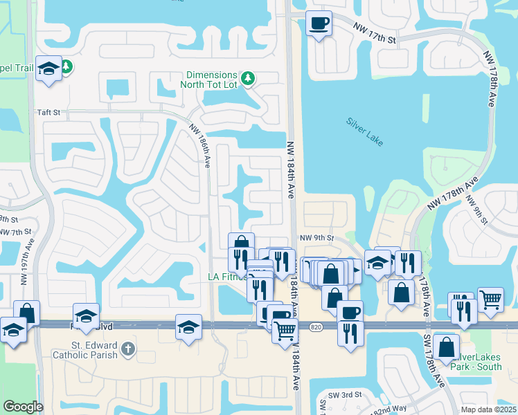 map of restaurants, bars, coffee shops, grocery stores, and more near 1100 Northwest 184th Place in Hollywood