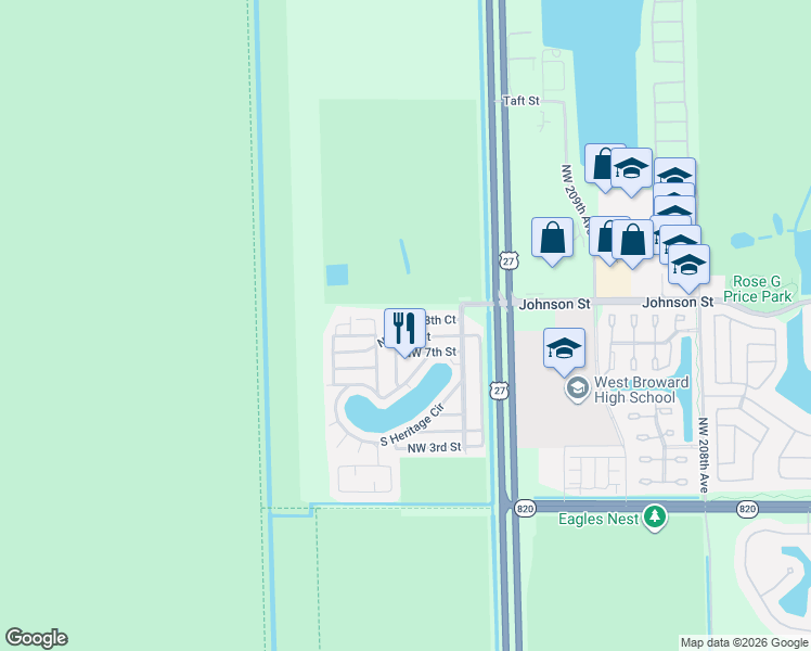 map of restaurants, bars, coffee shops, grocery stores, and more near 21641 Northwest 8th Court in Pembroke Pines