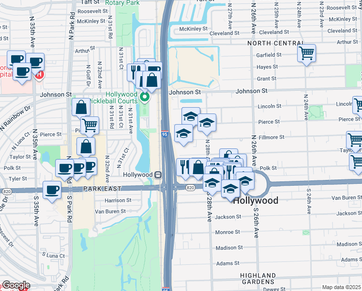 map of restaurants, bars, coffee shops, grocery stores, and more near 2842 Fillmore Street in Hollywood