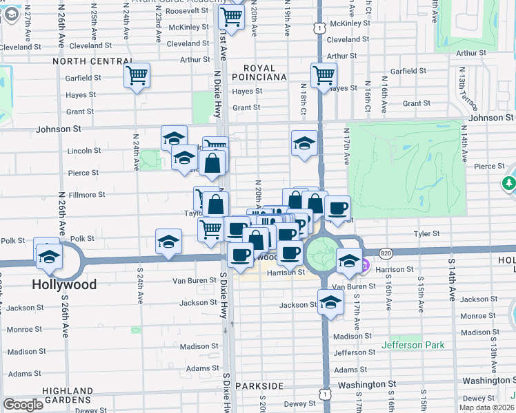 map of restaurants, bars, coffee shops, grocery stores, and more near 1947 Taylor Street in Hollywood
