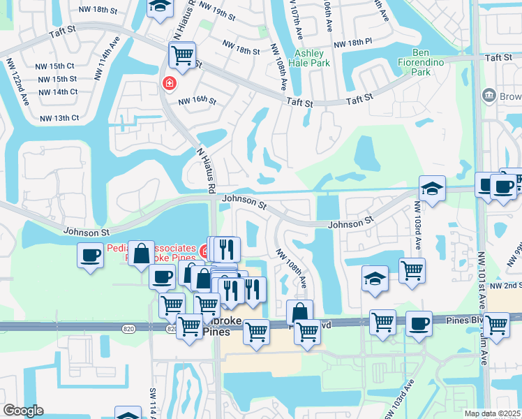 map of restaurants, bars, coffee shops, grocery stores, and more near 10835 Northwest 8th Street in Pembroke Pines