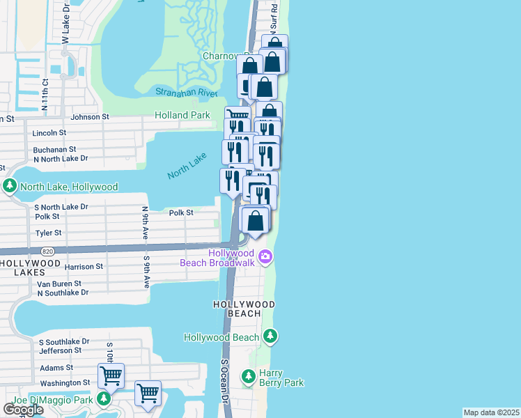 map of restaurants, bars, coffee shops, grocery stores, and more near 321 Arizona Street in Hollywood