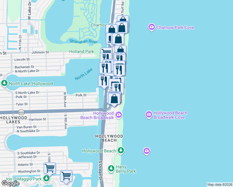 map of restaurants, bars, coffee shops, grocery stores, and more near 321 Arizona Street in Hollywood