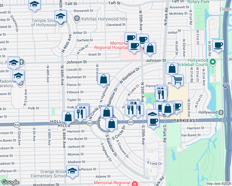 map of restaurants, bars, coffee shops, grocery stores, and more near 507 North Rainbow Drive in Hollywood