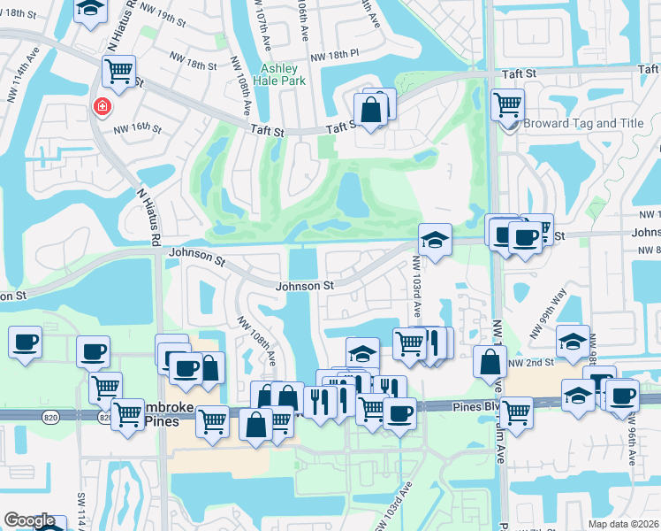 map of restaurants, bars, coffee shops, grocery stores, and more near 10549 Northwest 10th Street in Pembroke Pines