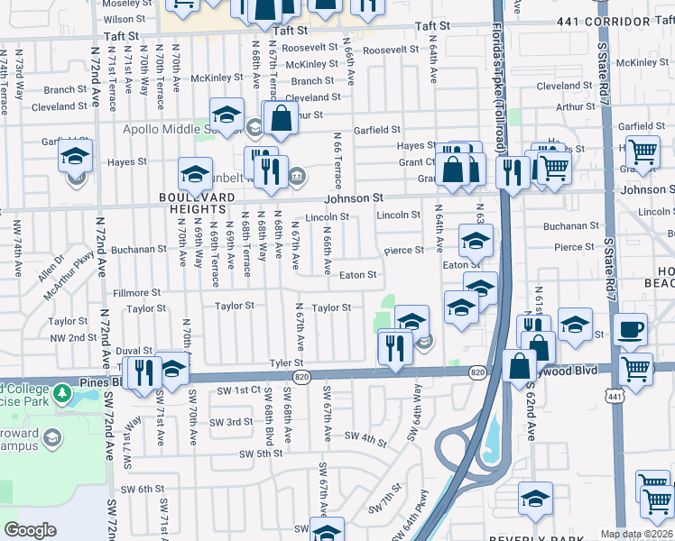 map of restaurants, bars, coffee shops, grocery stores, and more near 540 North 66th Avenue in Hollywood