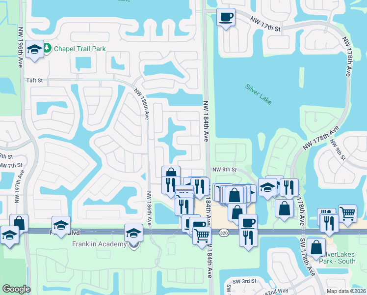 map of restaurants, bars, coffee shops, grocery stores, and more near 1100 Northwest 184th Place in Hollywood