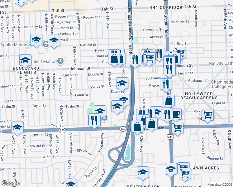 map of restaurants, bars, coffee shops, grocery stores, and more near 6331 Eaton Street in Hollywood