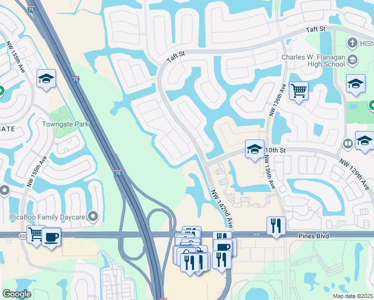 map of restaurants, bars, coffee shops, grocery stores, and more near 1142 Northwest 143rd Avenue in Pembroke Pines