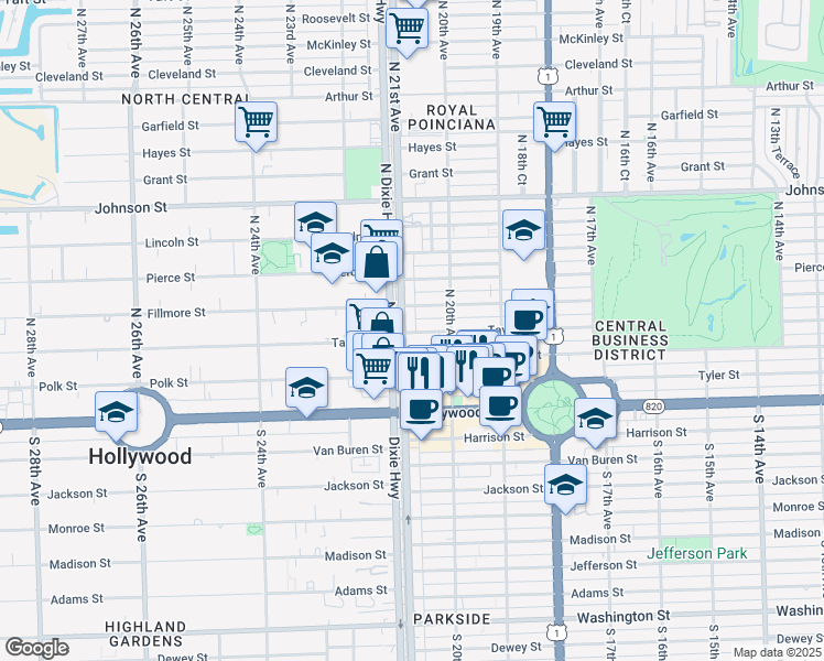 map of restaurants, bars, coffee shops, grocery stores, and more near 2029 Taylor Street in Hollywood
