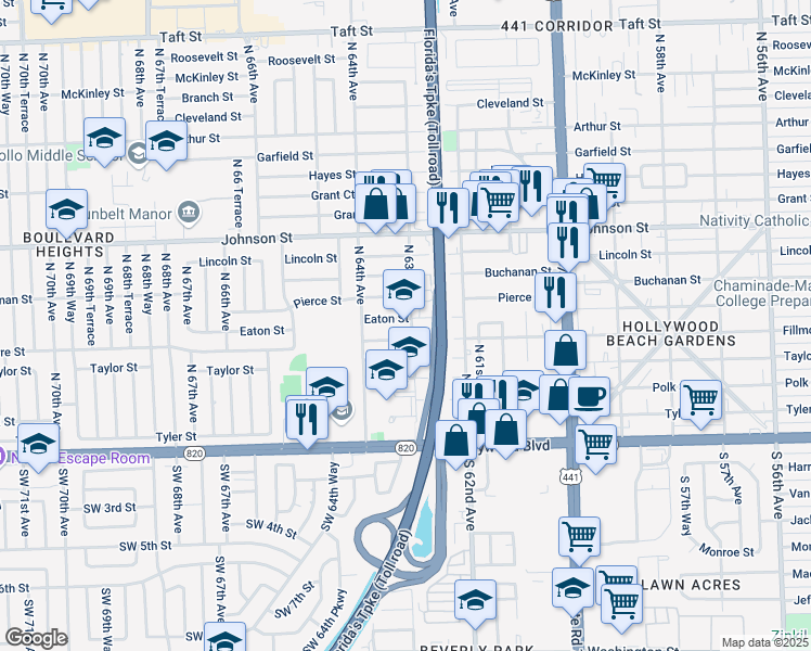map of restaurants, bars, coffee shops, grocery stores, and more near 6301 Fillmore Street in Hollywood