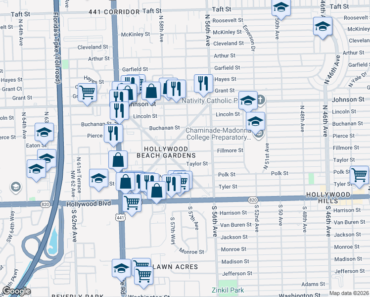 map of restaurants, bars, coffee shops, grocery stores, and more near 5705 Fillmore Street in Hollywood