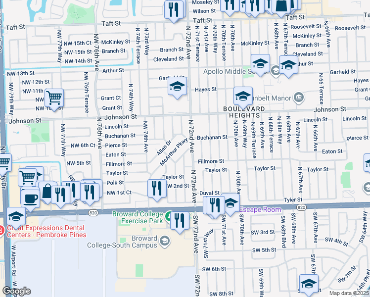 map of restaurants, bars, coffee shops, grocery stores, and more near 610 North 72nd Avenue in Hollywood