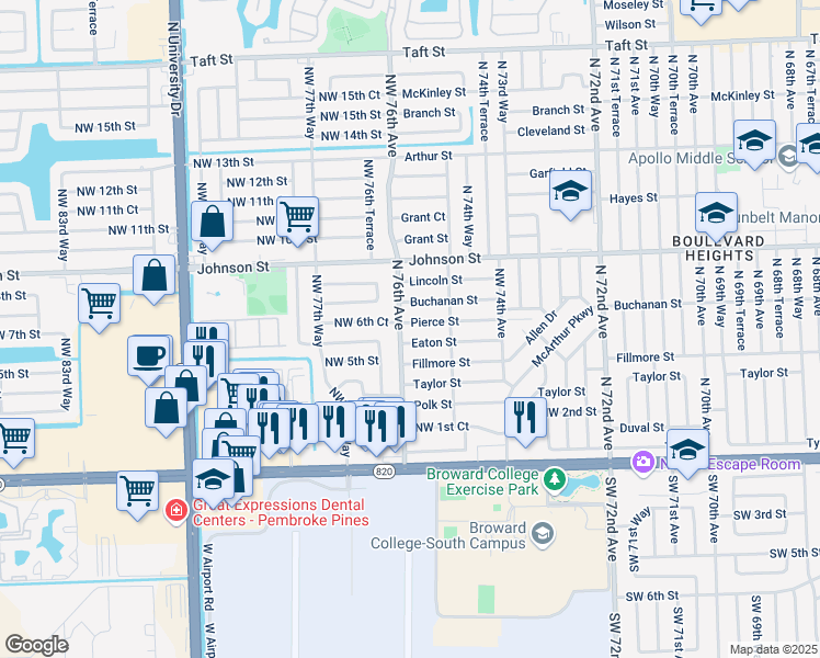 map of restaurants, bars, coffee shops, grocery stores, and more near 7570 Pierce Street in Hollywood