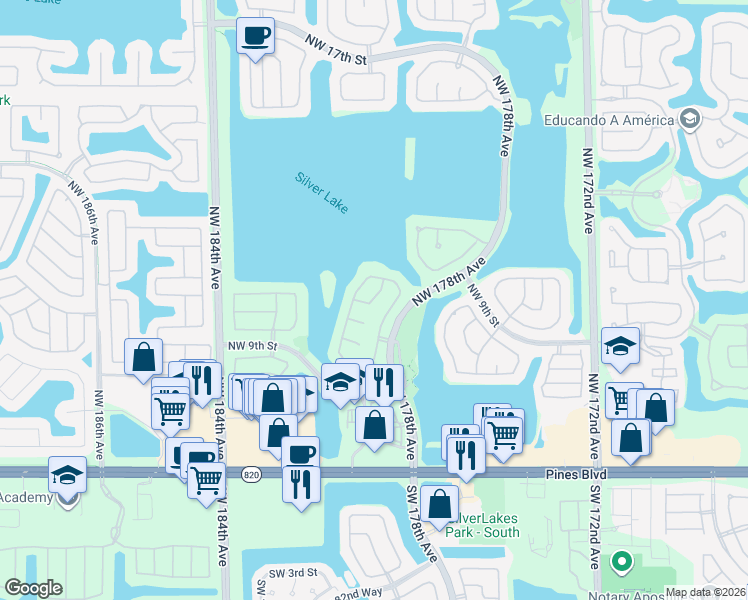 map of restaurants, bars, coffee shops, grocery stores, and more near 1214 Northwest 179th Terrace in Pembroke Pines