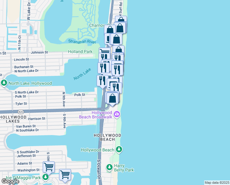 map of restaurants, bars, coffee shops, grocery stores, and more near 321 Arizona Street in Hollywood