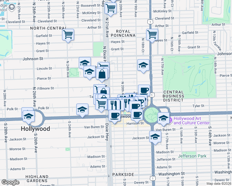 map of restaurants, bars, coffee shops, grocery stores, and more near 2029 Taylor Street in Hollywood