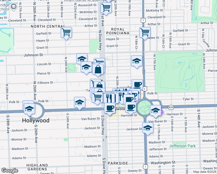 map of restaurants, bars, coffee shops, grocery stores, and more near 2029 Taylor Street in Hollywood