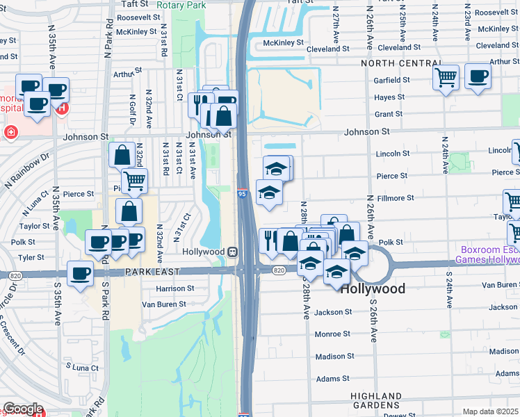 map of restaurants, bars, coffee shops, grocery stores, and more near 2846 Fillmore Street in Hollywood