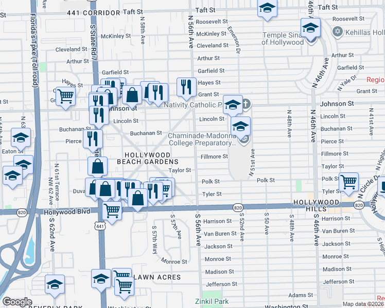 map of restaurants, bars, coffee shops, grocery stores, and more near 5617 Fillmore Street in Hollywood