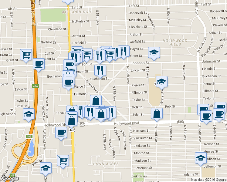 map of restaurants, bars, coffee shops, grocery stores, and more near 5705 Fillmore Street in Hollywood