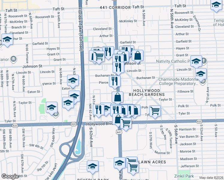 map of restaurants, bars, coffee shops, grocery stores, and more near 516 North 60th Terrace in Hollywood