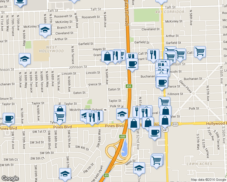 map of restaurants, bars, coffee shops, grocery stores, and more near 6331 Eaton Street in Hollywood