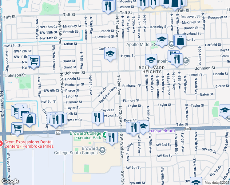map of restaurants, bars, coffee shops, grocery stores, and more near 610 North 72nd Avenue in Hollywood