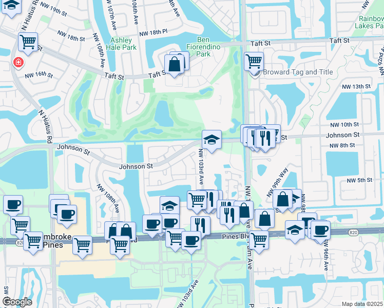 map of restaurants, bars, coffee shops, grocery stores, and more near 89 Northwest 8th Street in Pembroke Pines