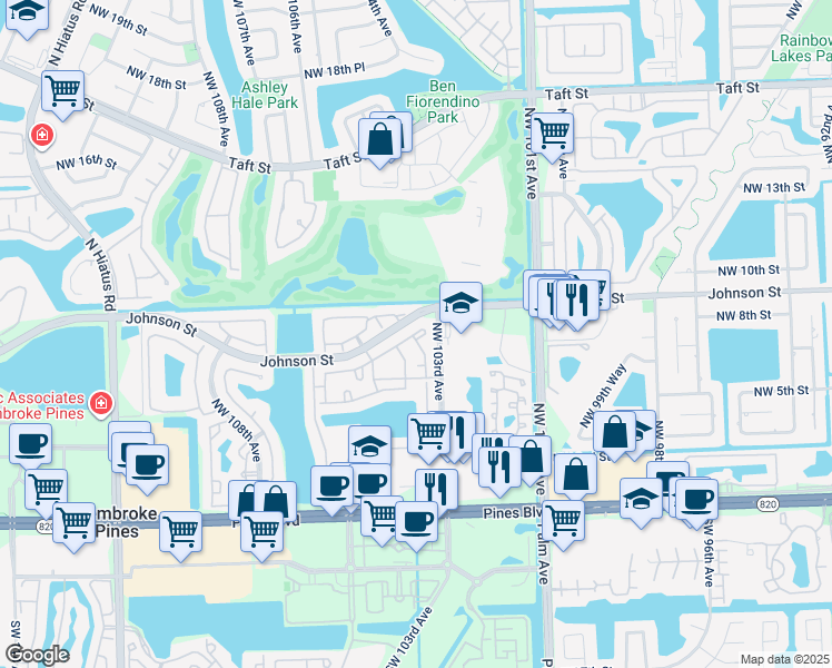 map of restaurants, bars, coffee shops, grocery stores, and more near 89 Northwest 8th Street in Pembroke Pines