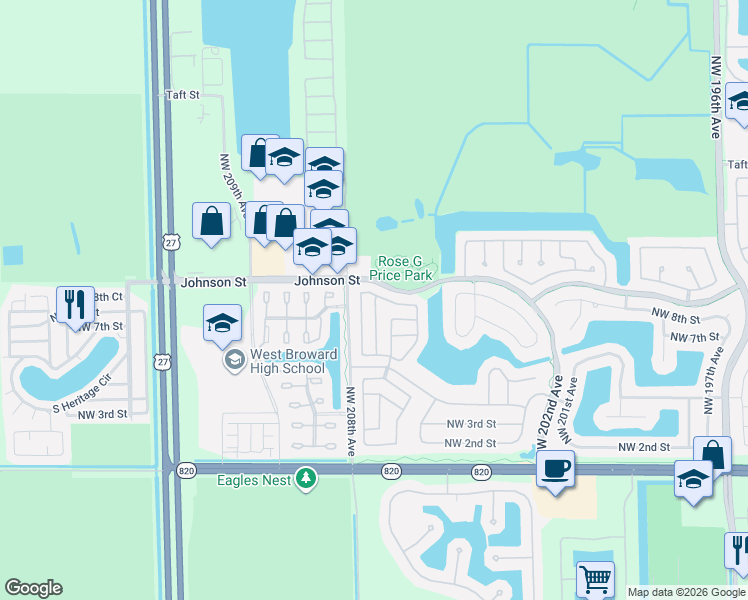 map of restaurants, bars, coffee shops, grocery stores, and more near 750 Northwest 207th Avenue in Pembroke Pines