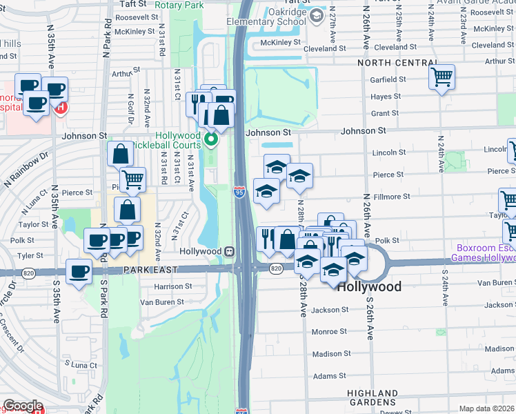 map of restaurants, bars, coffee shops, grocery stores, and more near 2846 Fillmore Street in Hollywood