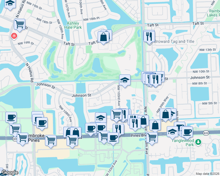 map of restaurants, bars, coffee shops, grocery stores, and more near 89 Northwest 8th Street in Pembroke Pines