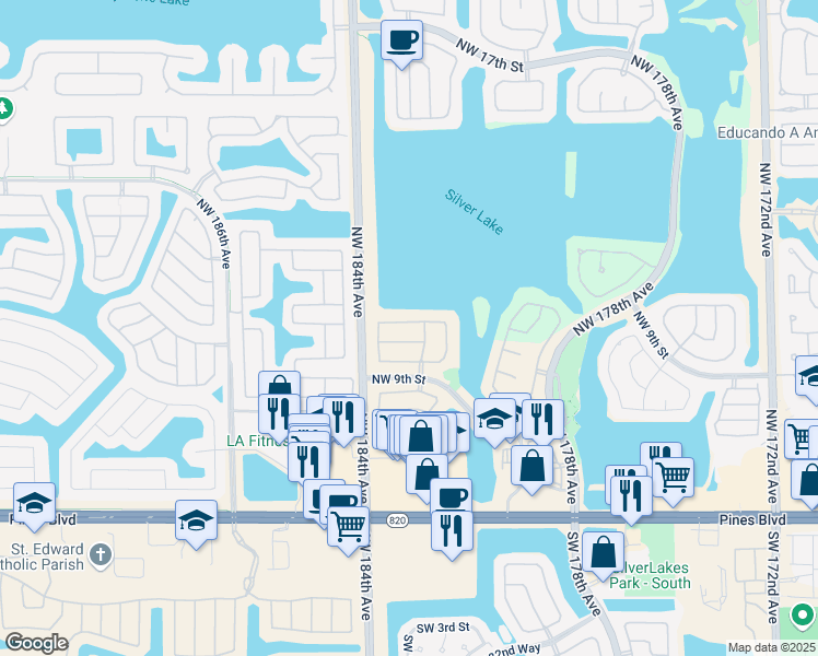 map of restaurants, bars, coffee shops, grocery stores, and more near 18334 Northwest 12th Street in Pembroke Pines