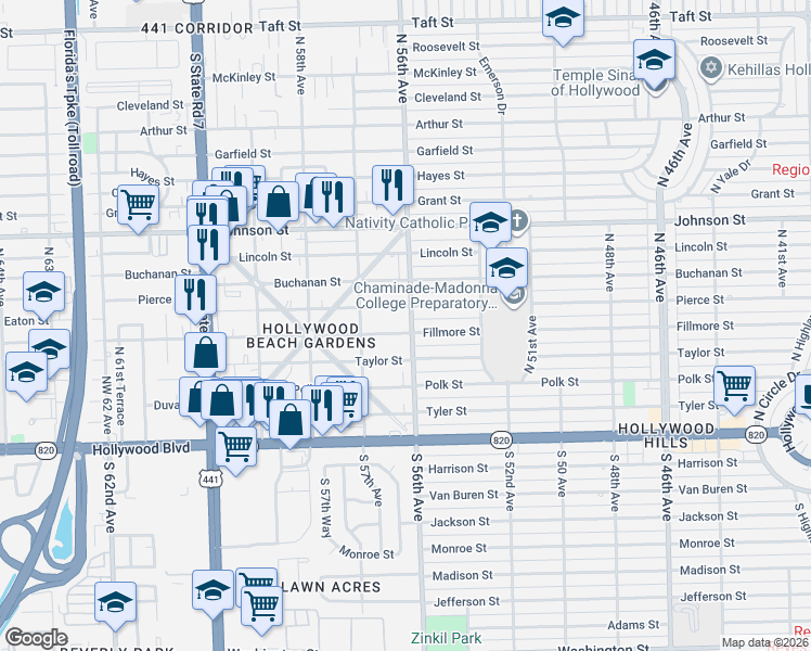 map of restaurants, bars, coffee shops, grocery stores, and more near 5617 Fillmore Street in Hollywood