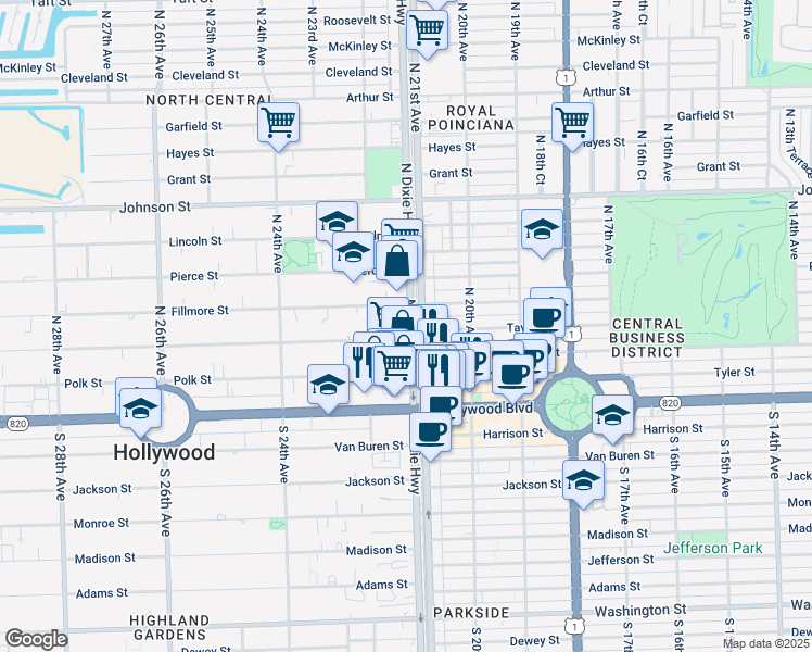 map of restaurants, bars, coffee shops, grocery stores, and more near 408 North Dixie Highway in Hollywood