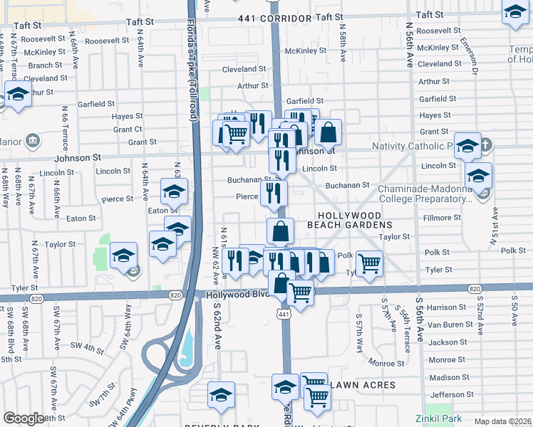 map of restaurants, bars, coffee shops, grocery stores, and more near 516 North 60th Terrace in Hollywood
