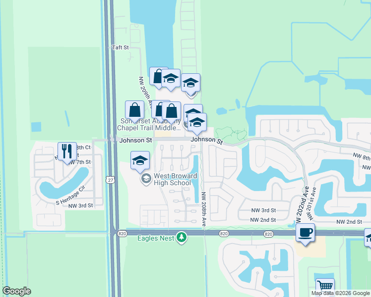 map of restaurants, bars, coffee shops, grocery stores, and more near 852 Northwest 208th Terrace in Pembroke Pines