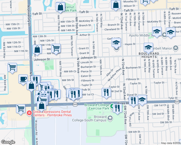 map of restaurants, bars, coffee shops, grocery stores, and more near 591 North 75th Avenue in Hollywood